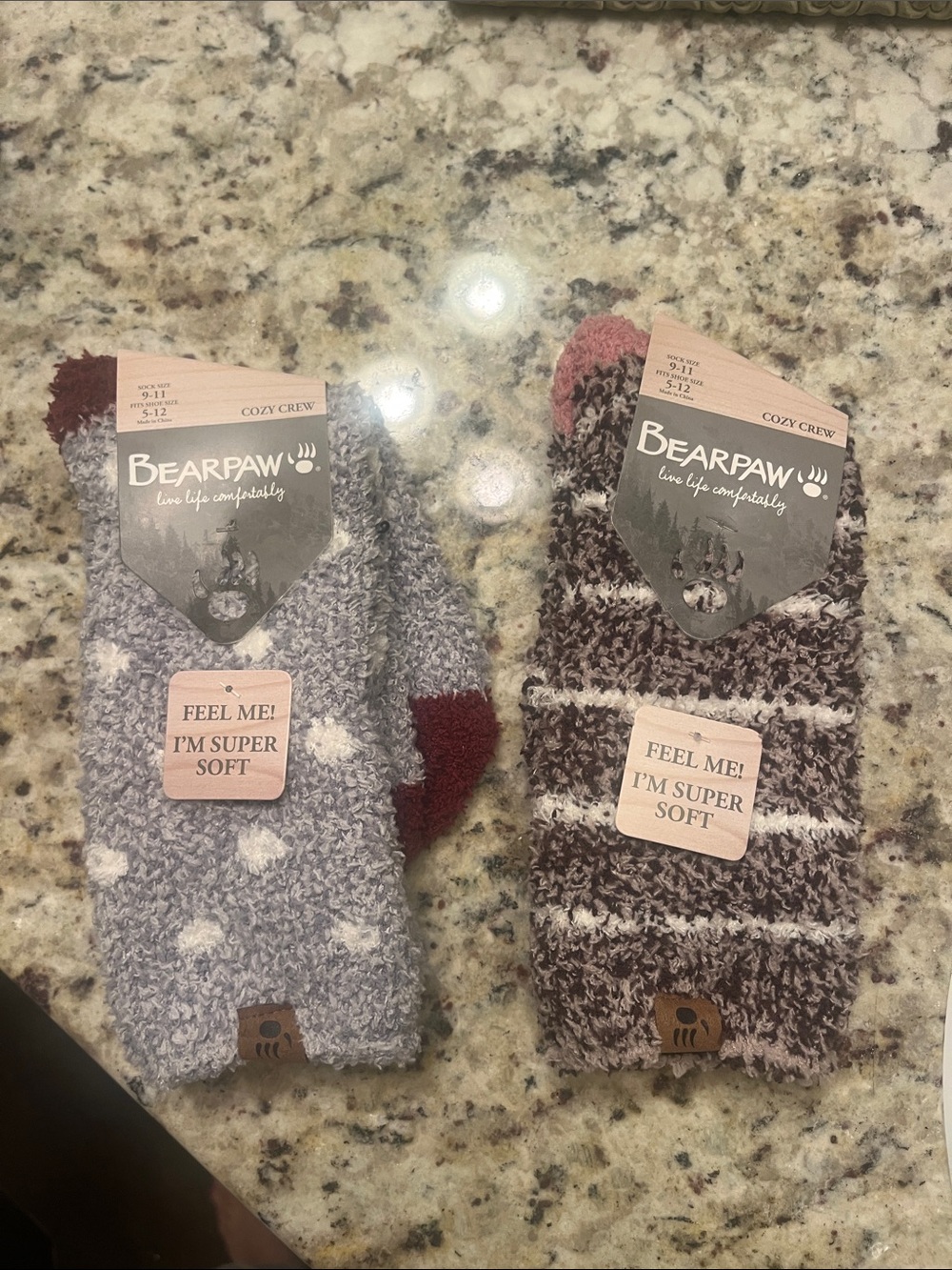 2 pair bundle BearPaw Cozy Crew Fuzzy Socks - Gray with Maroon & Brown Mix